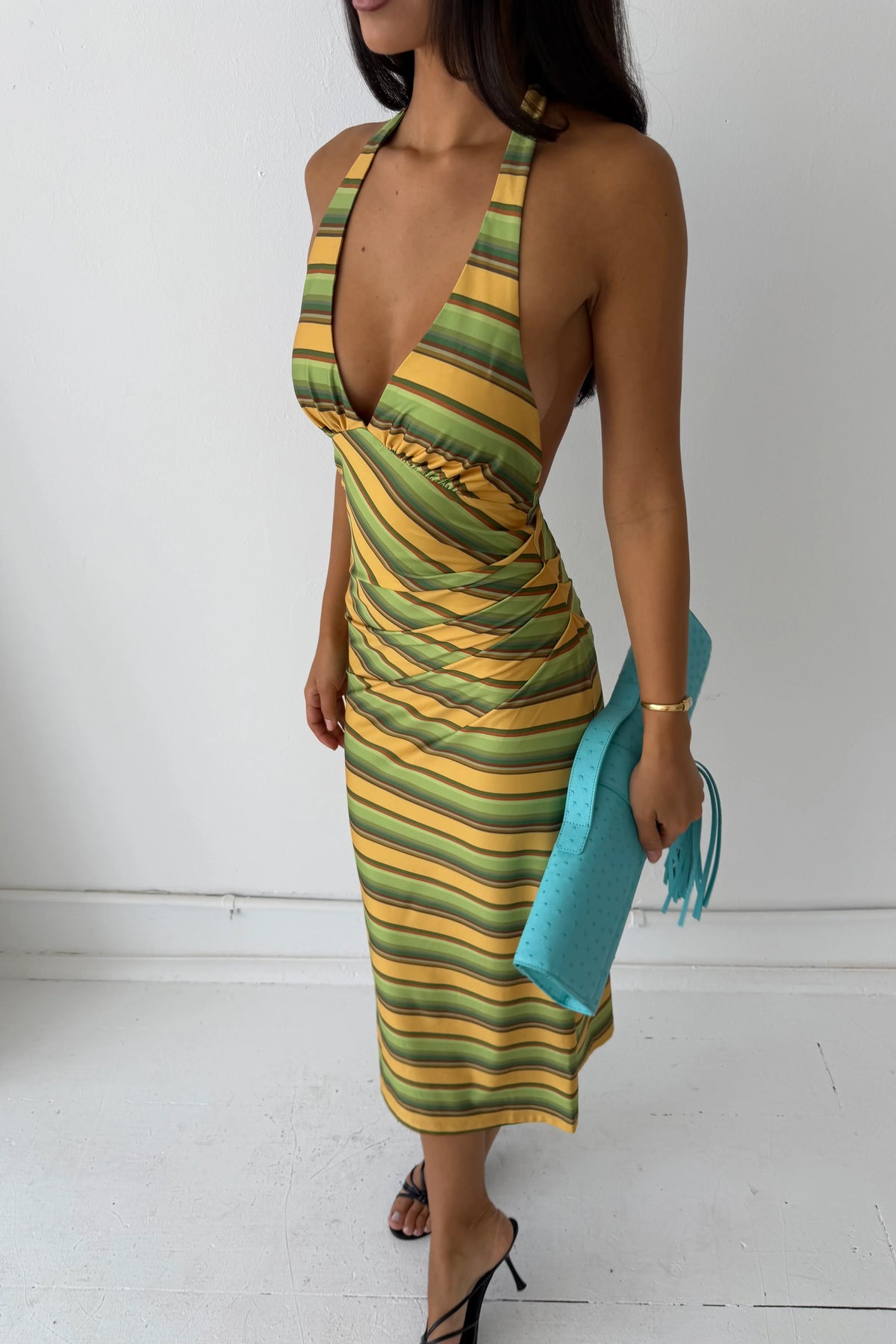 Pleated Backless Halter Dress | Gold Strip