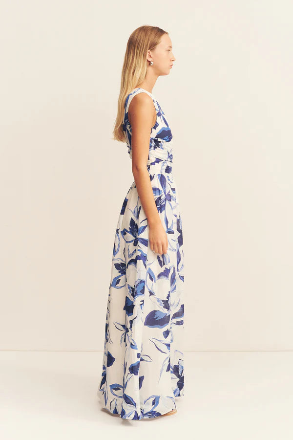 willa asymmetrical gathered maxi dress - bluebell wallpaper