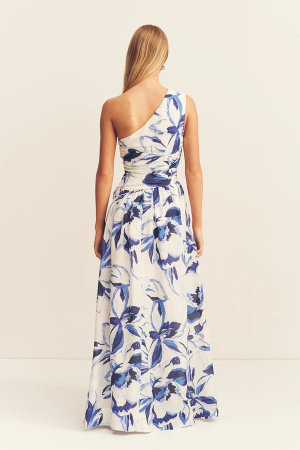 willa asymmetrical gathered maxi dress - bluebell wallpaper