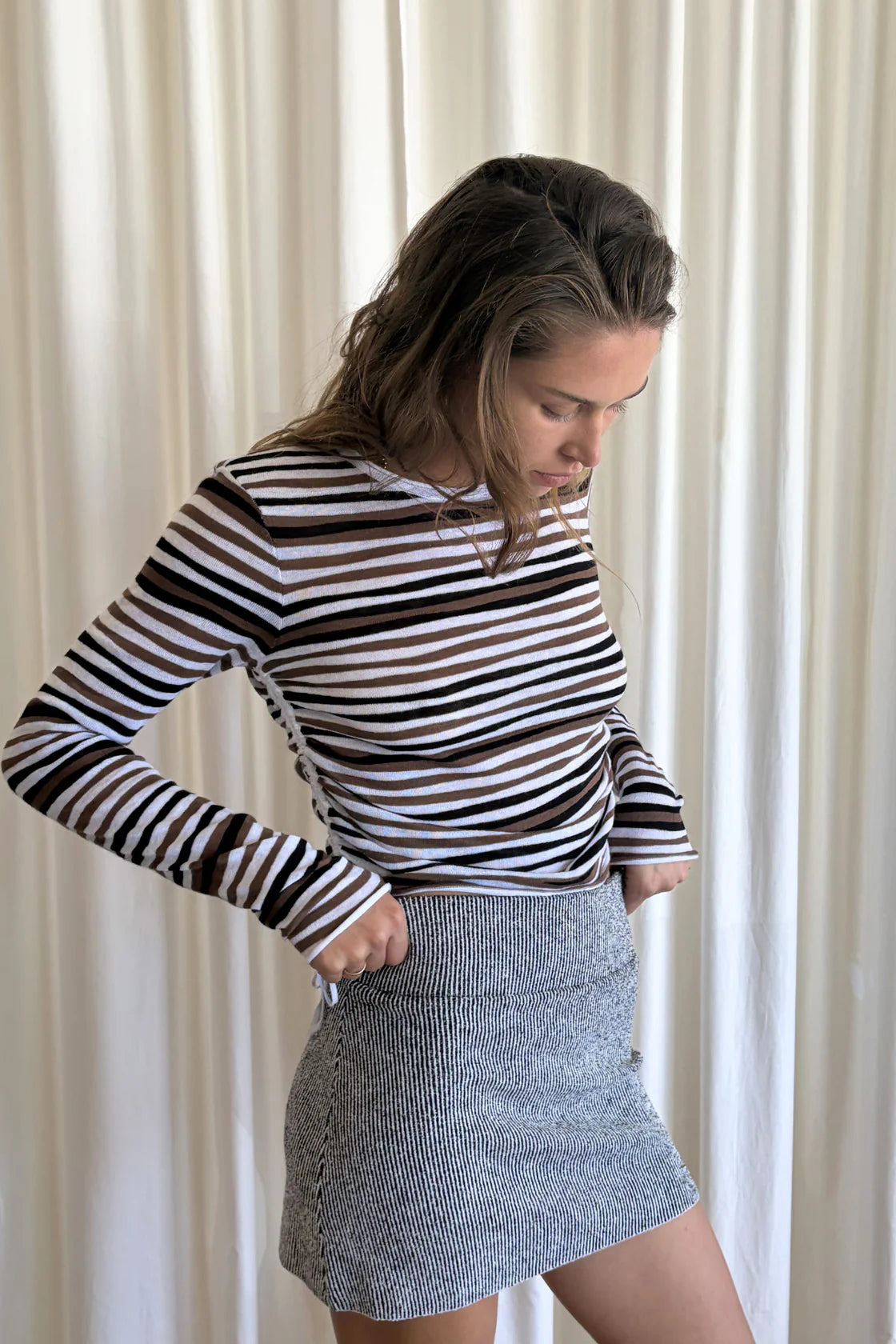 Gathered Long Sleeve Knit Top - Black Stripe