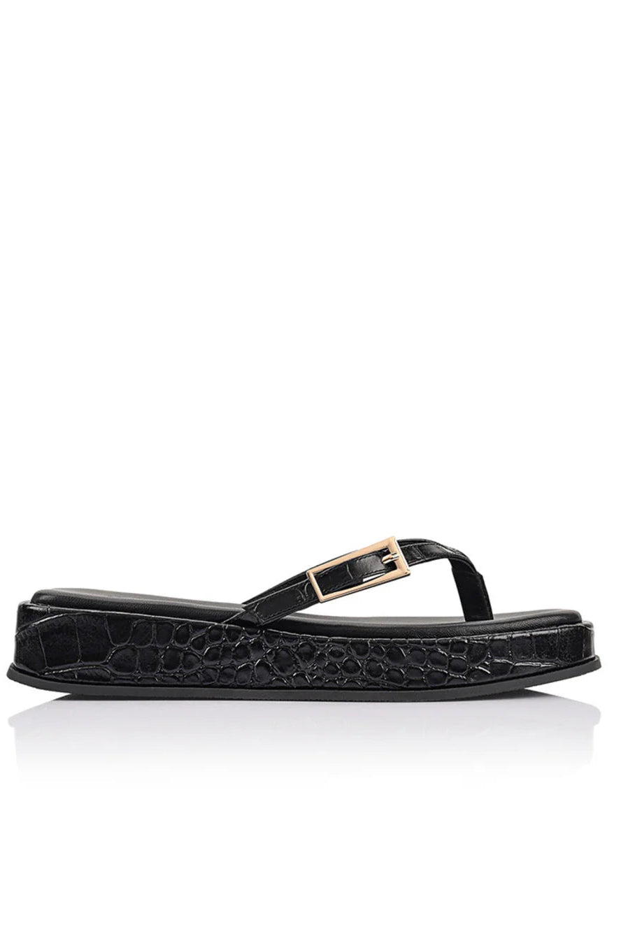 Josie Sandal - Black Croc-Embossed Leather