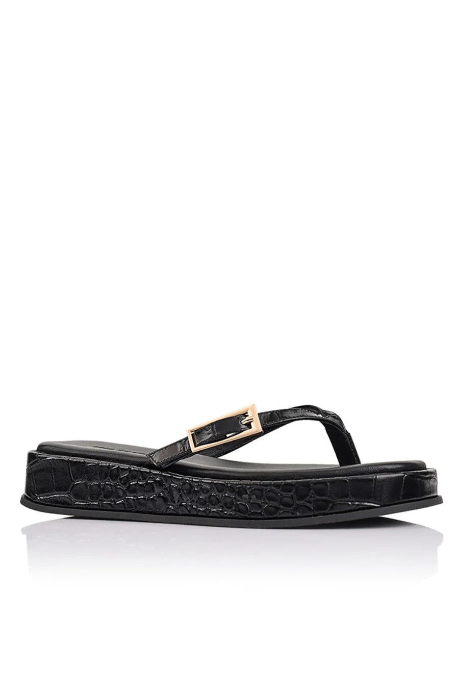 Josie Sandal - Black Croc-Embossed Leather