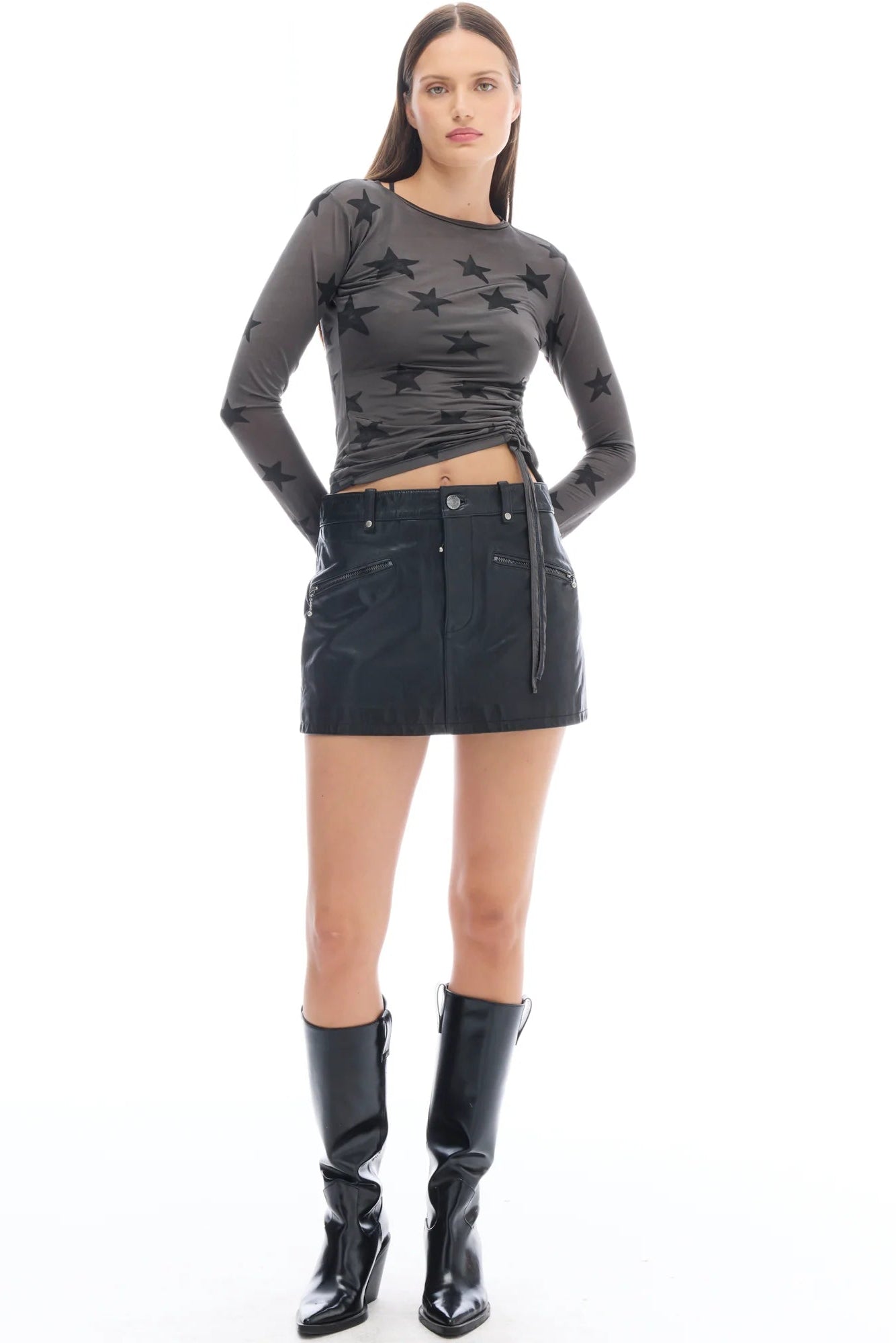Black Star Mesh Ruched Longsleeve Top