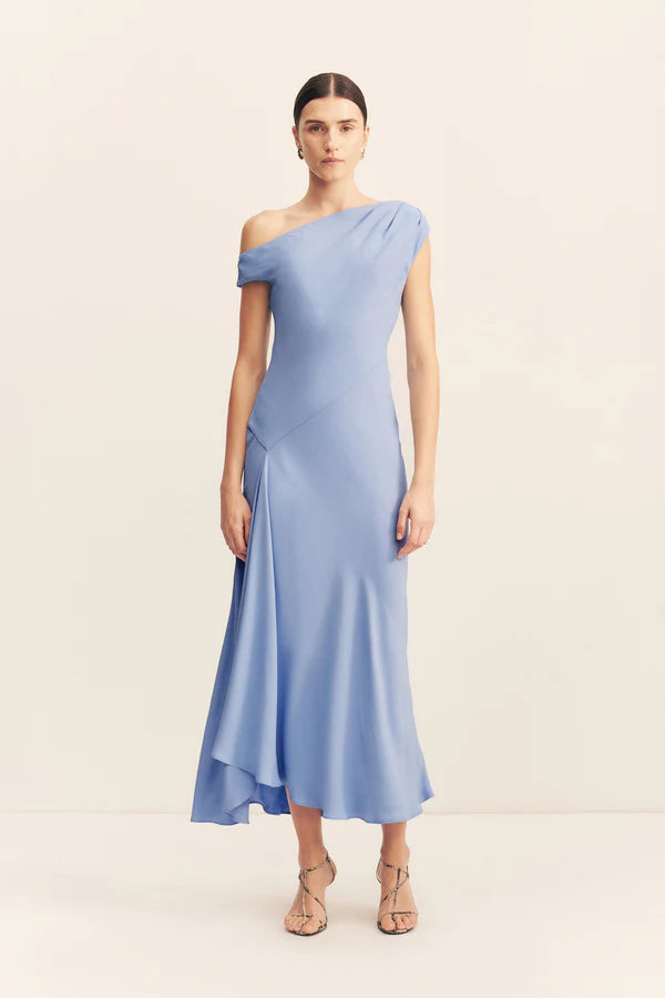 rio asymmetrical draped midi dress - cornflower blue