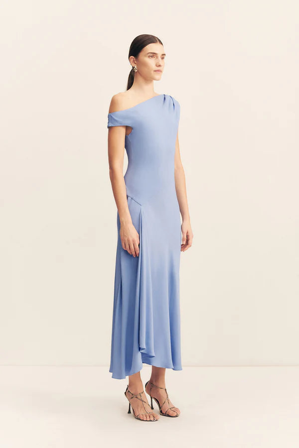 rio asymmetrical draped midi dress - cornflower blue