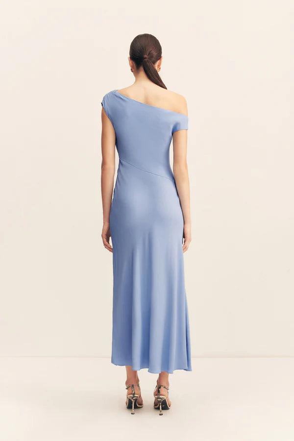 rio asymmetrical draped midi dress - cornflower blue