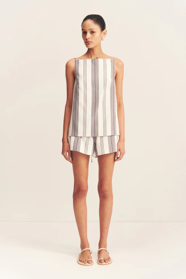 harlow open back tie top - ivory/ navy