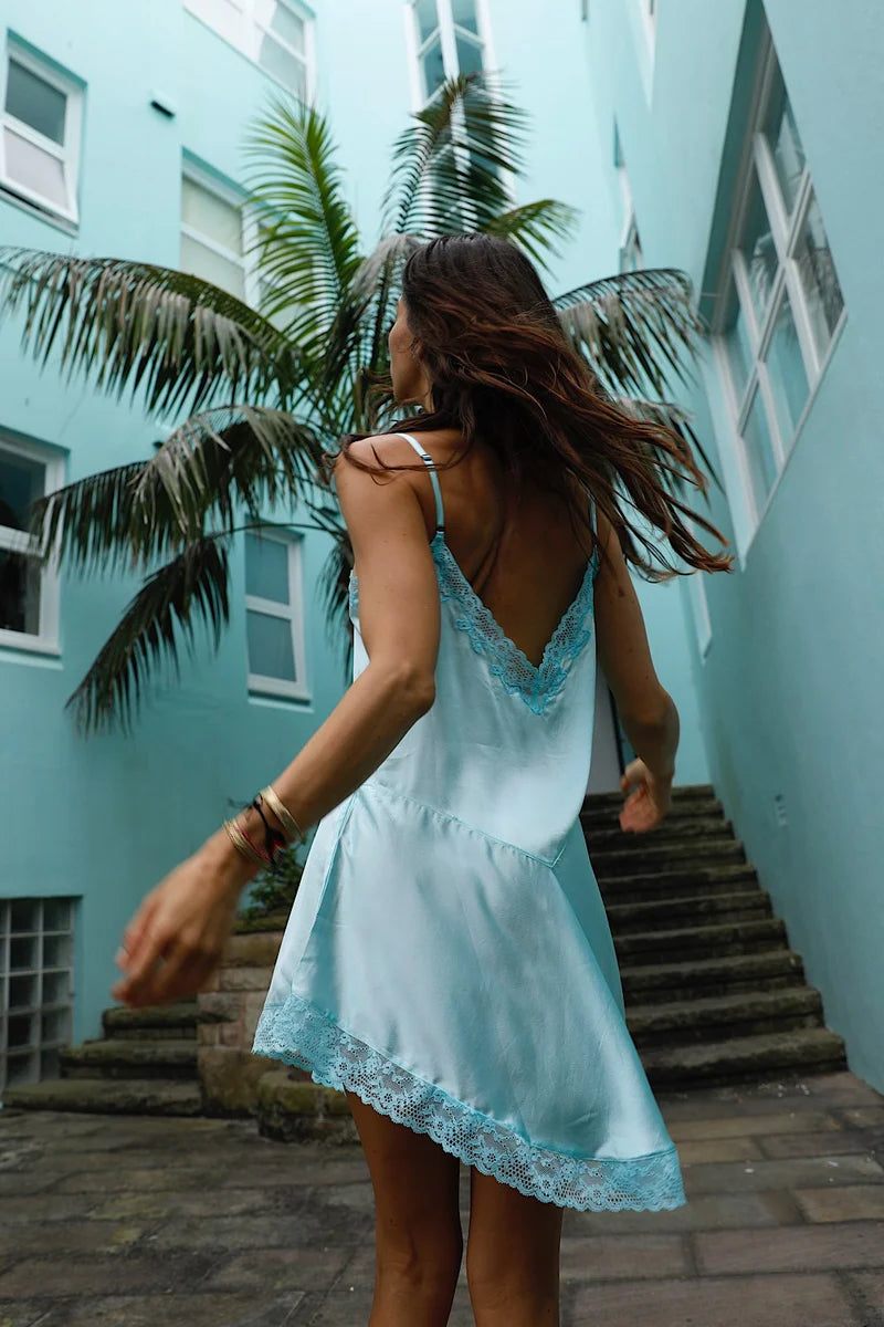 Austin Silk Satin + Lace Mini Dress - Turquoise