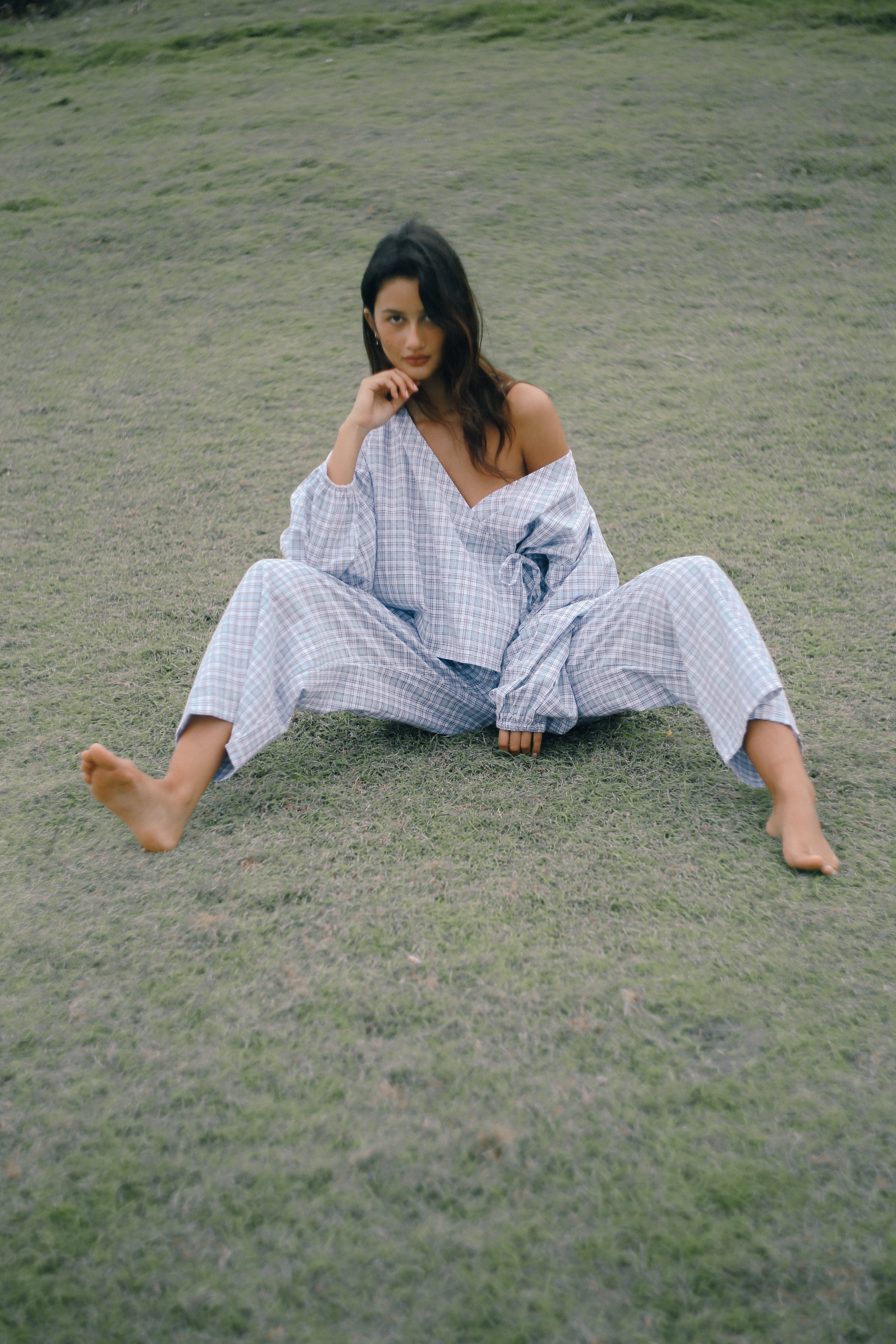 ELLA WRAP TOP - CLOUD PLAID