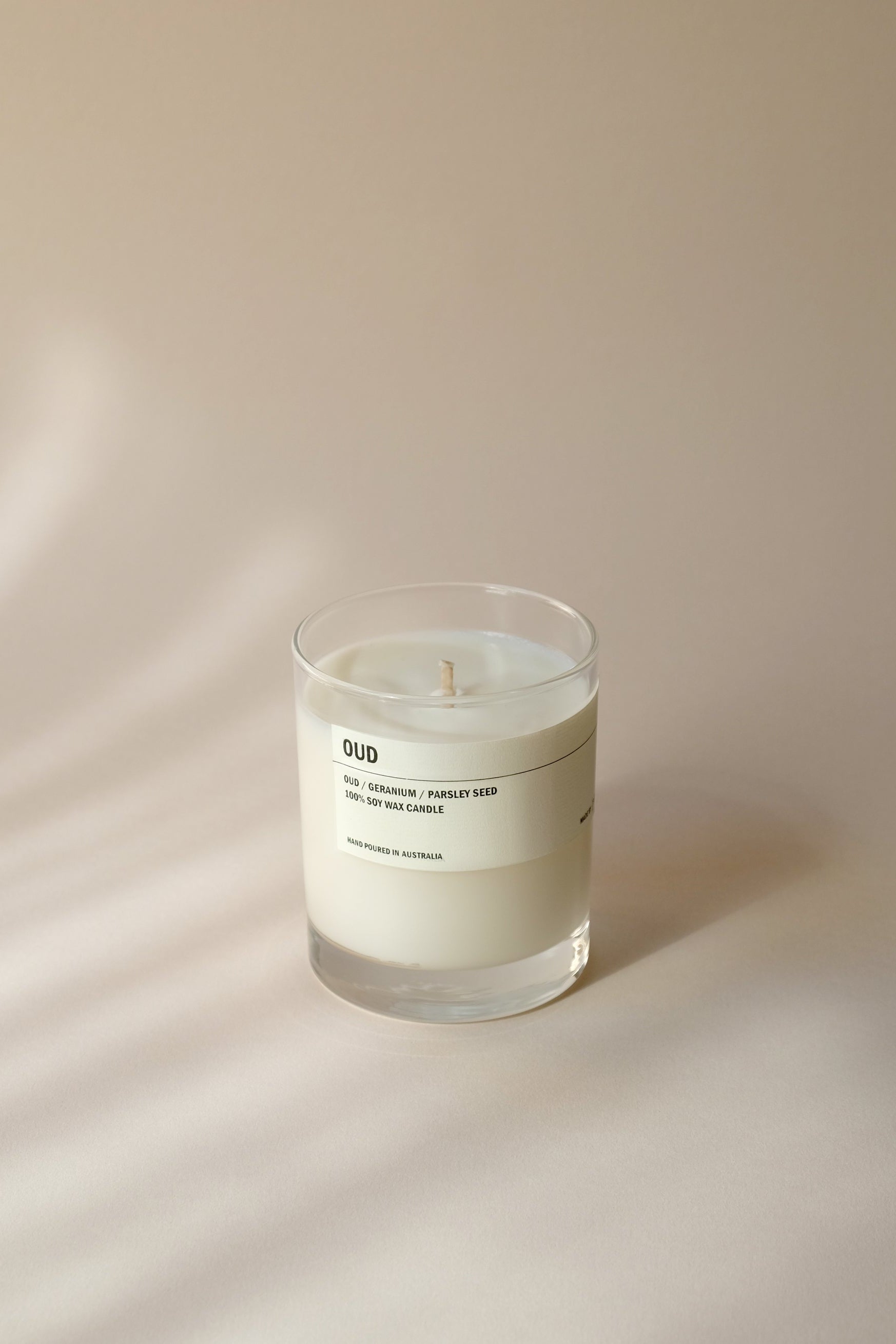 OUD: Oud Wood / Geranium / Parsley Seed Clear Candle 300g
