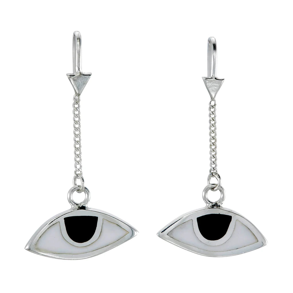 EGYPTIAN EYE PULL THROUGH EARRINGS - BLACK EYES - SILVER