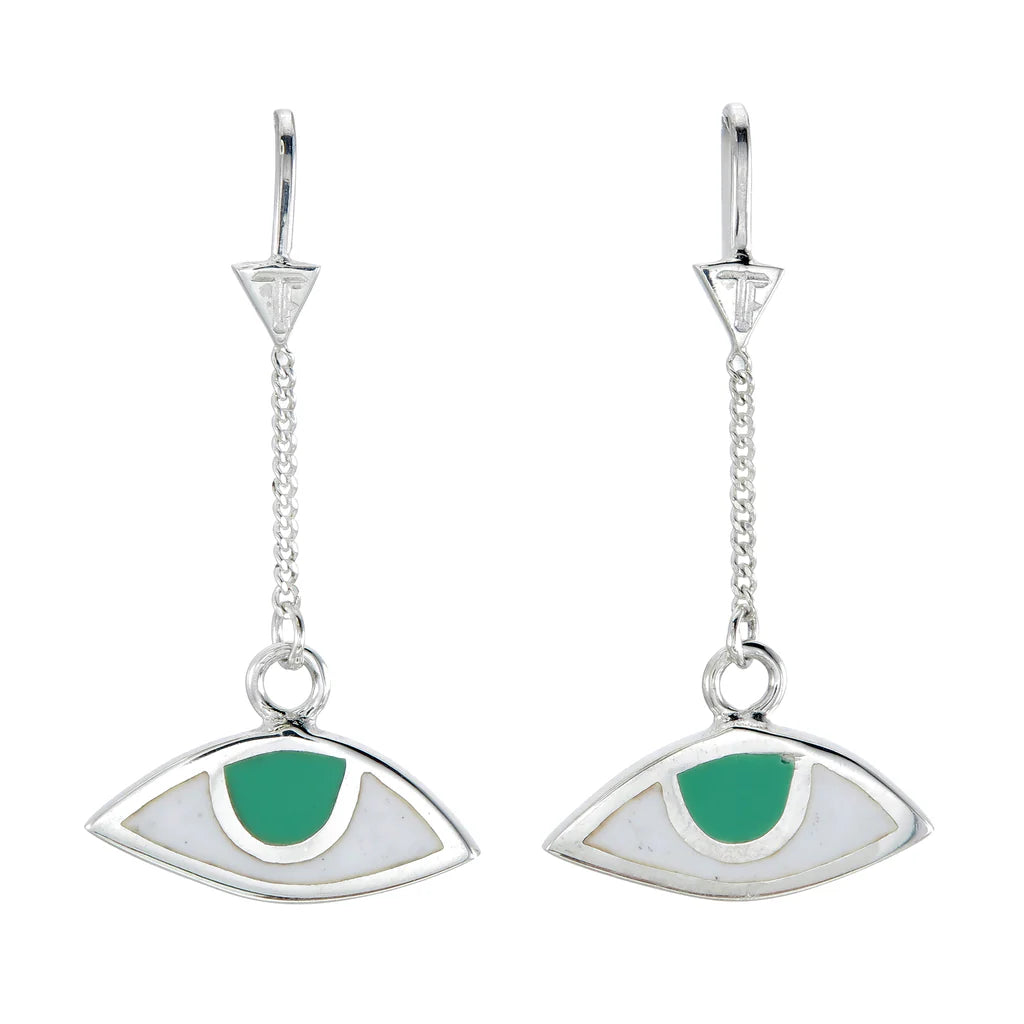 EGYPTIAN EYE PULL THROUGH EARRINGS GREEN EYES SILVER FORRM