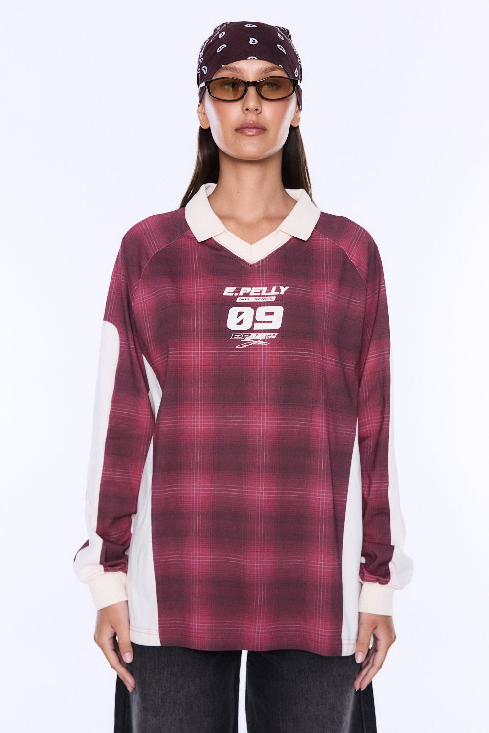 JOSIE LONG SLEEVE POLO - BURGENDY CHECK