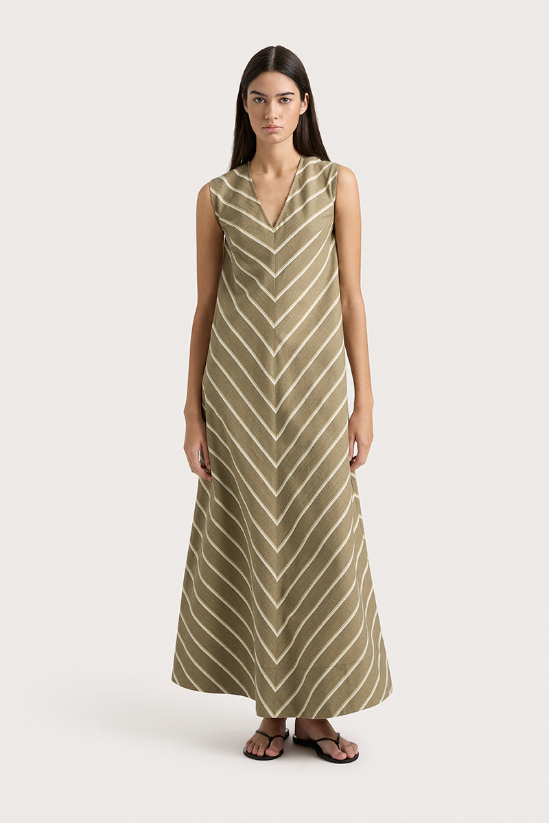 MARTERET STRIPE MIDI DRESS - SHADOW STRIPE KHAKI