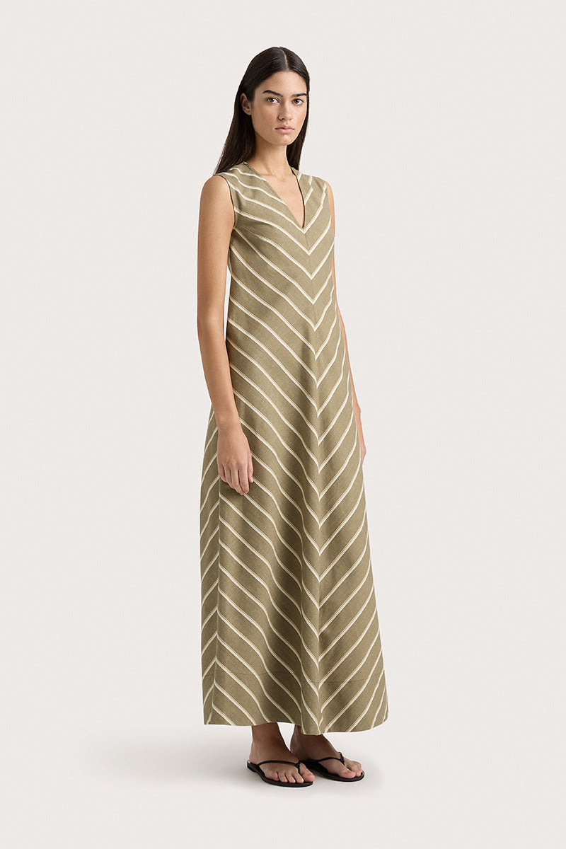 MARTERET STRIPE MIDI DRESS - SHADOW STRIPE KHAKI