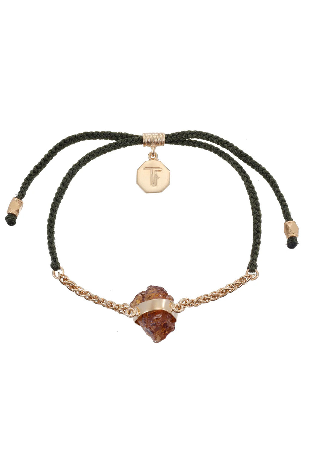 CHAIN & CORD CRYSTAL BRACELET - CITRINE - OLIVE GREEN - GOLD