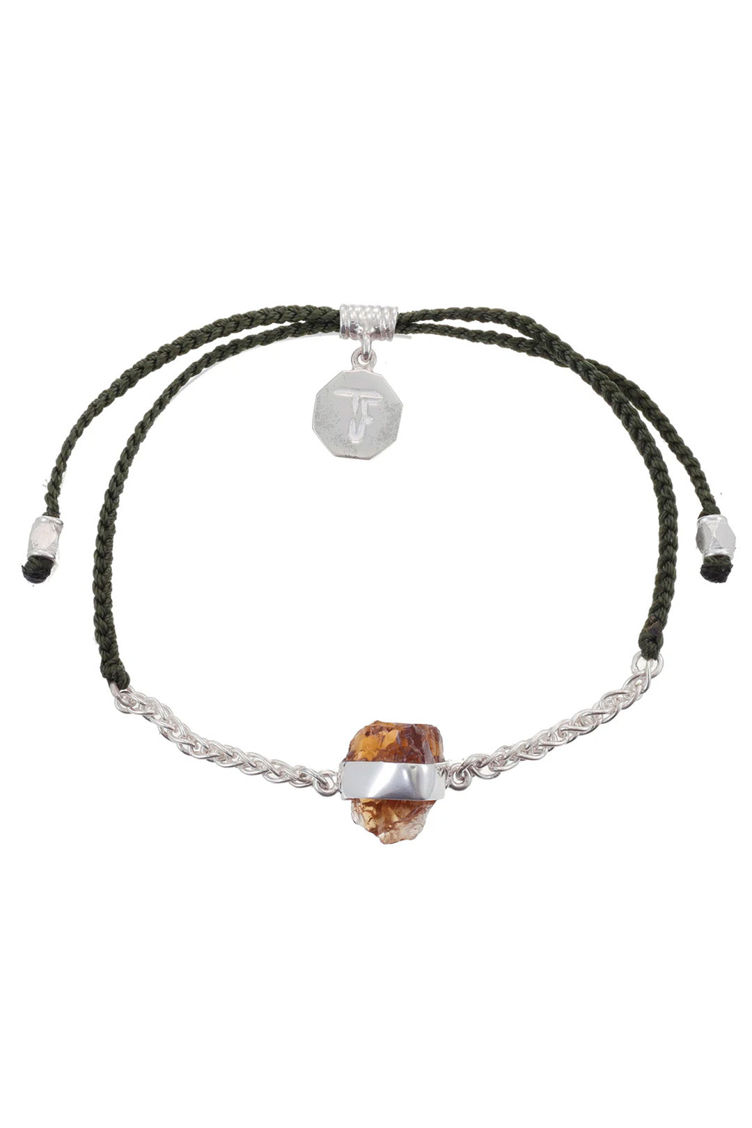 CHAIN & CORD CRYSTAL BRACELET - CITRINE - OLIVE GREEN - SILVER