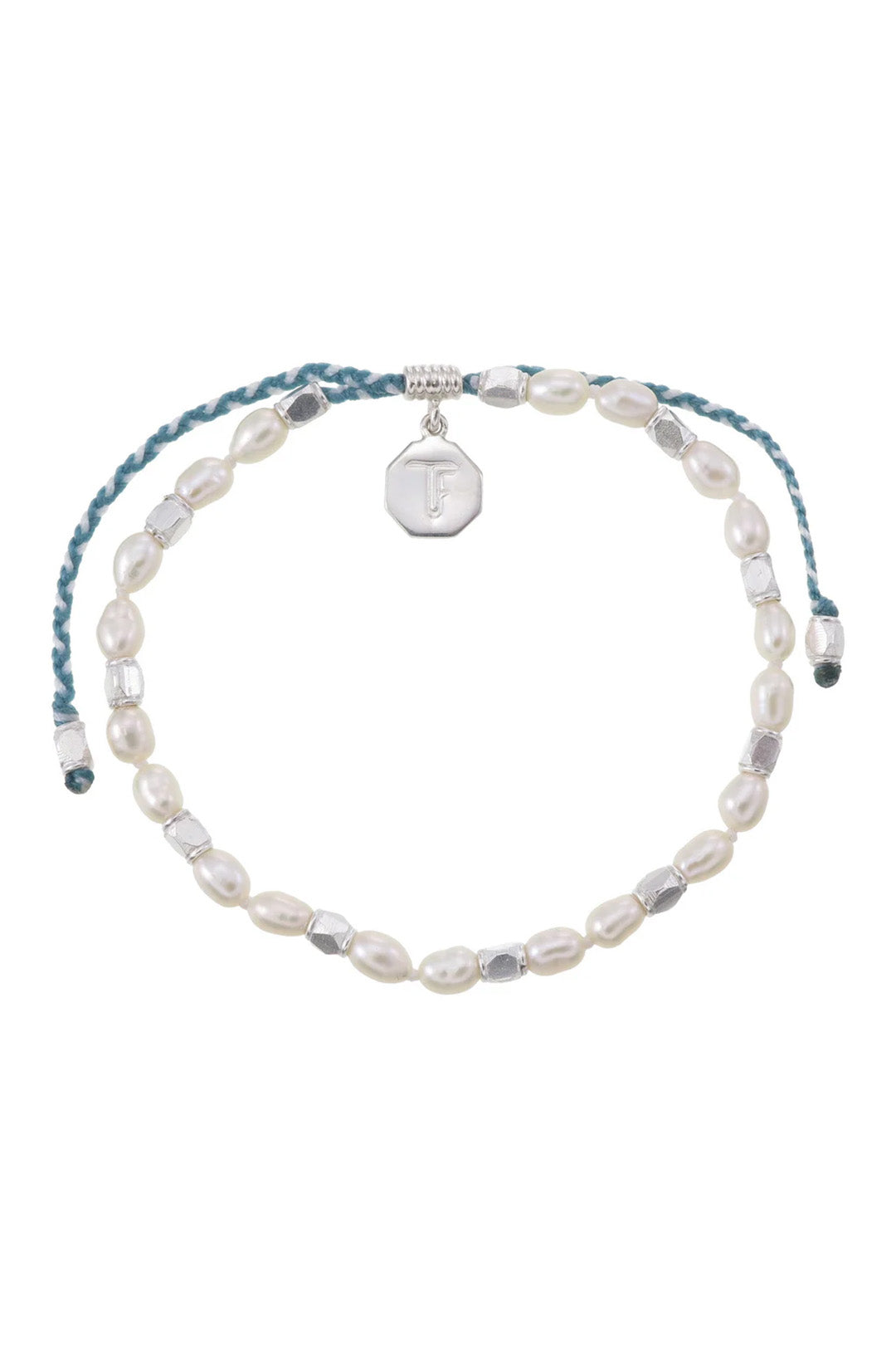 MINI PEARLS - HAND KNOTTED BRACELET - GREEN AND WHITE CORD - SILVER