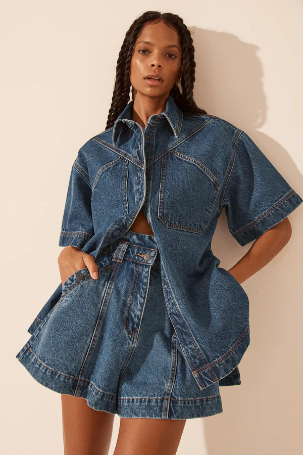 RAQUEL HIGH WAISTED FLARE SHORT - VINTAGE BLUE