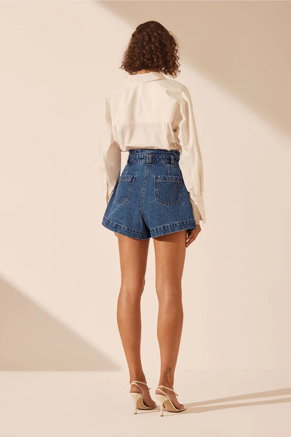 RAQUEL HIGH WAISTED FLARE SHORT - VINTAGE BLUE