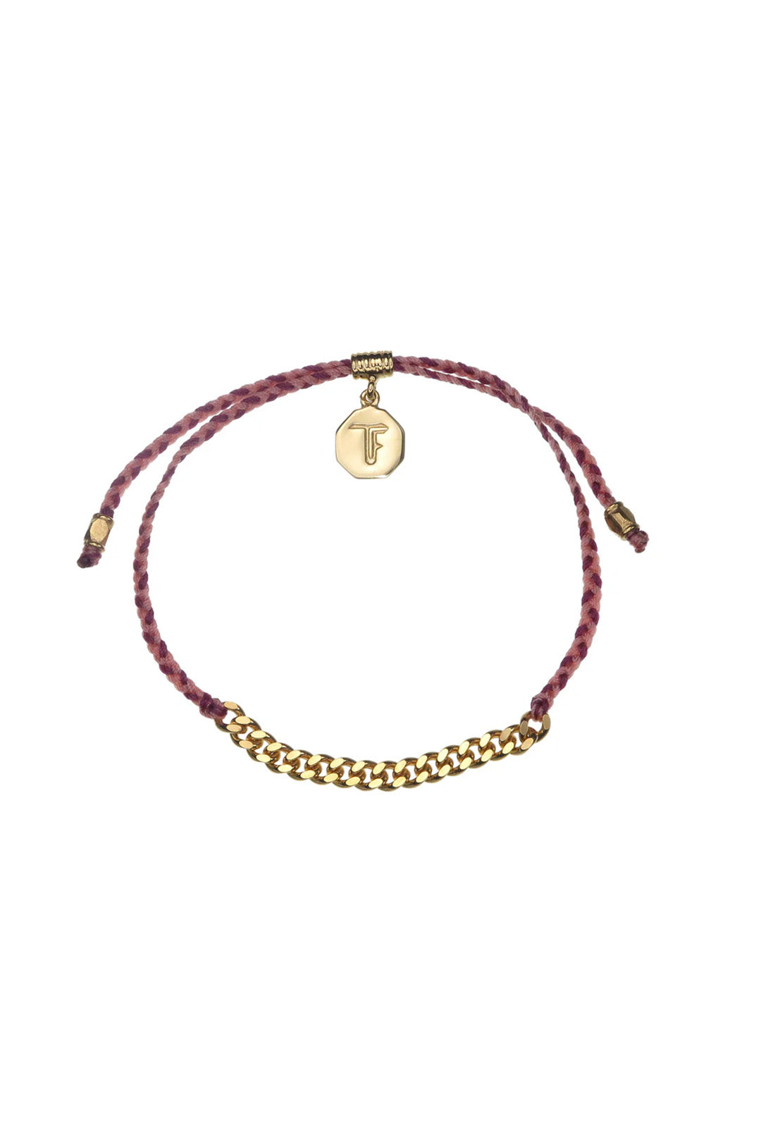 SIMPLE CHAIN & CORD BRACELET-SALMON AND BURGUNDY - GOLD