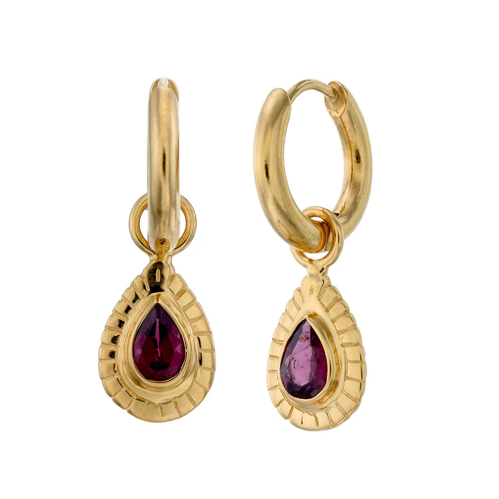 SMALL TEARDROP HOOPS - GARNET- gold