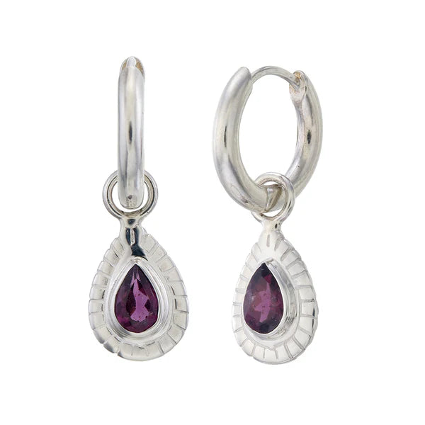 SMALL TEARDROP HOOPS - GARNET- SILVER