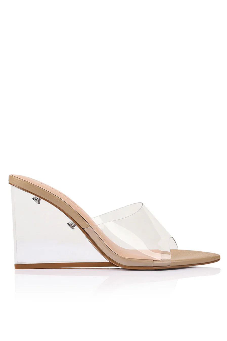 SUZY WEDGE LUCITE & BEIGE LEATHER