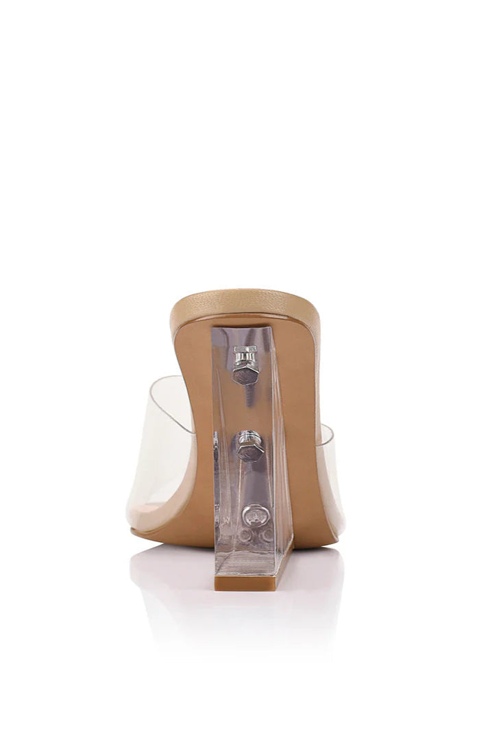 SUZY WEDGE LUCITE & BEIGE LEATHER