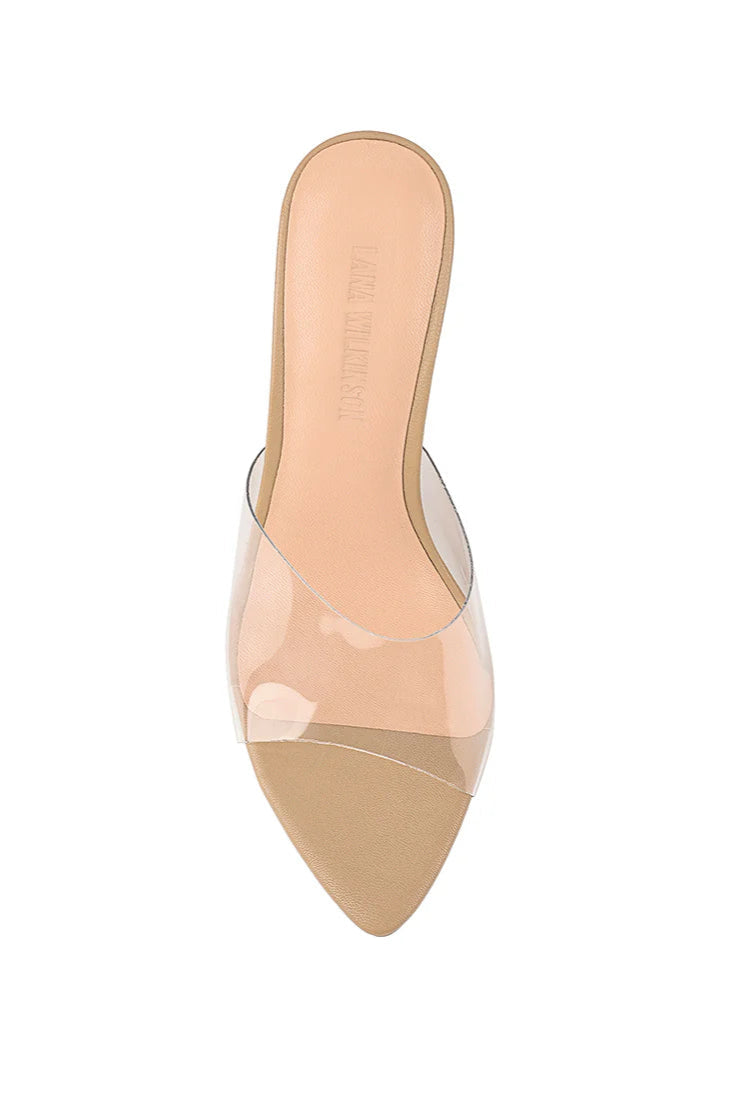 SUZY WEDGE LUCITE & BEIGE LEATHER