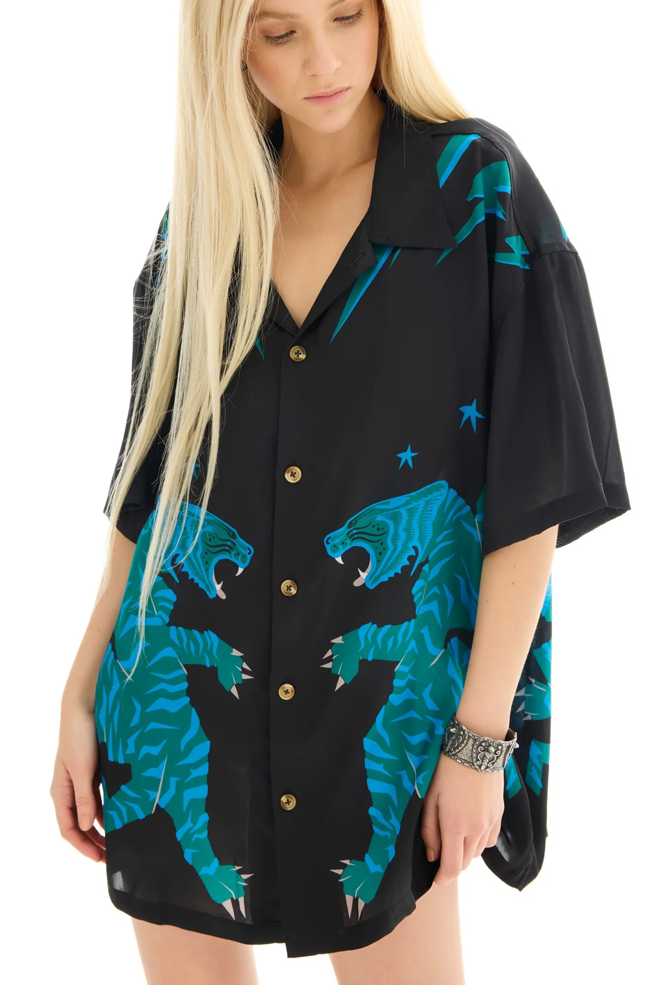 Osaka Silk Tiger Shirt/Dress Black