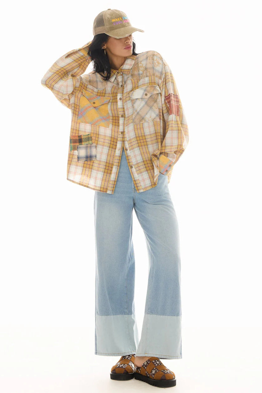 Patched Up Yellow Flannel Western Shirt