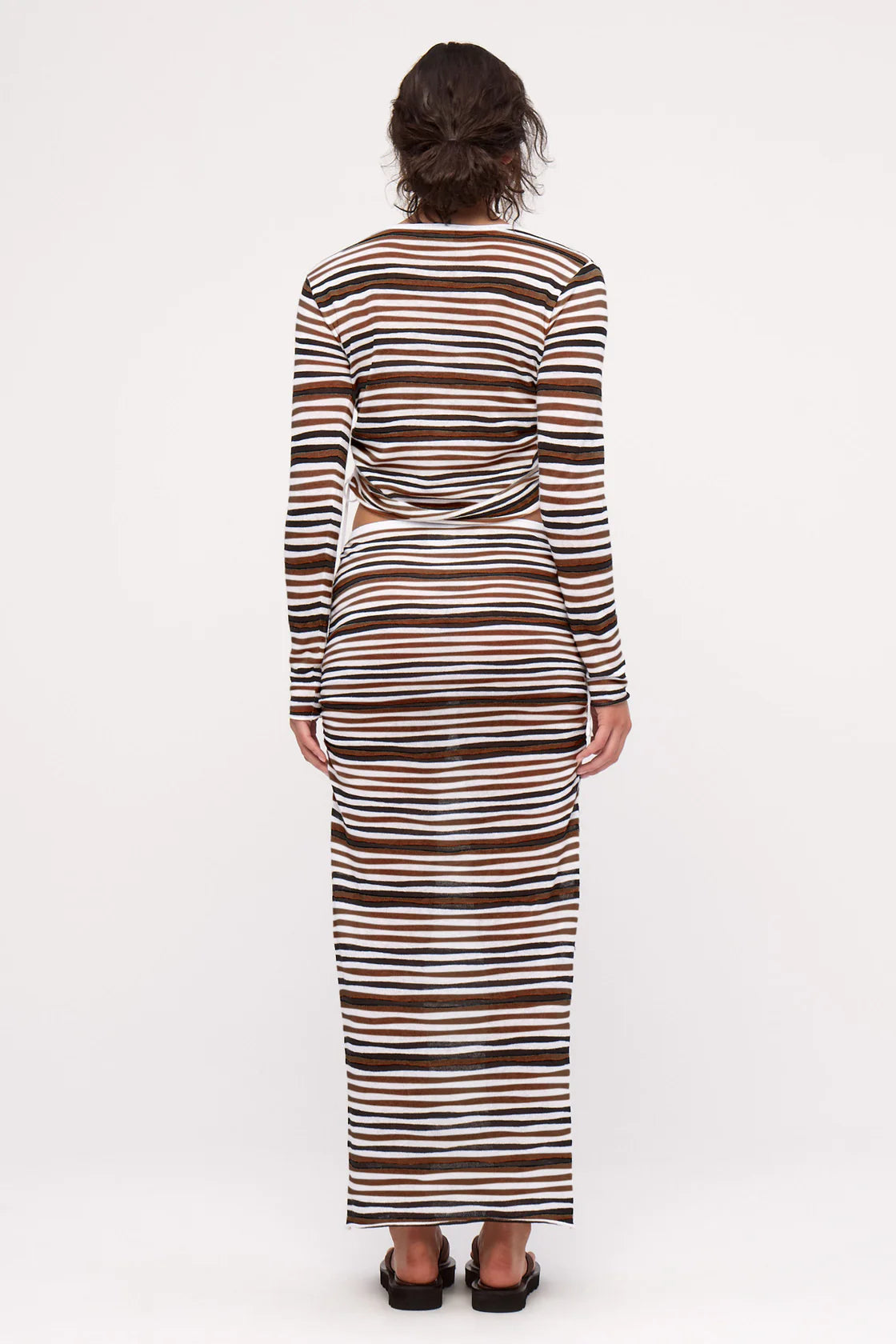 Gathered Long Sleeve Knit Top - Black Stripe