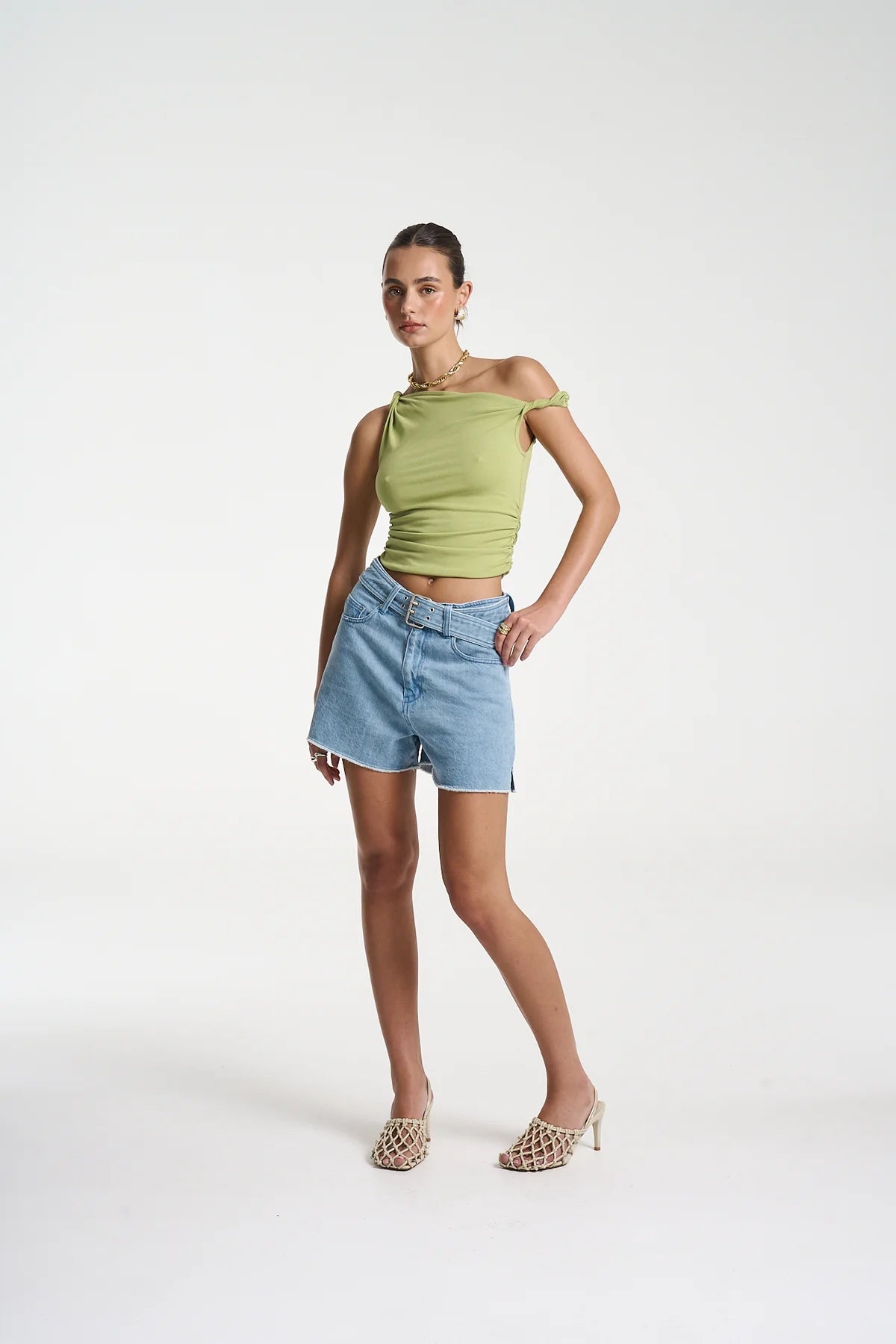 TWIST OFF SHOULDER TOP - APPLE GREEN