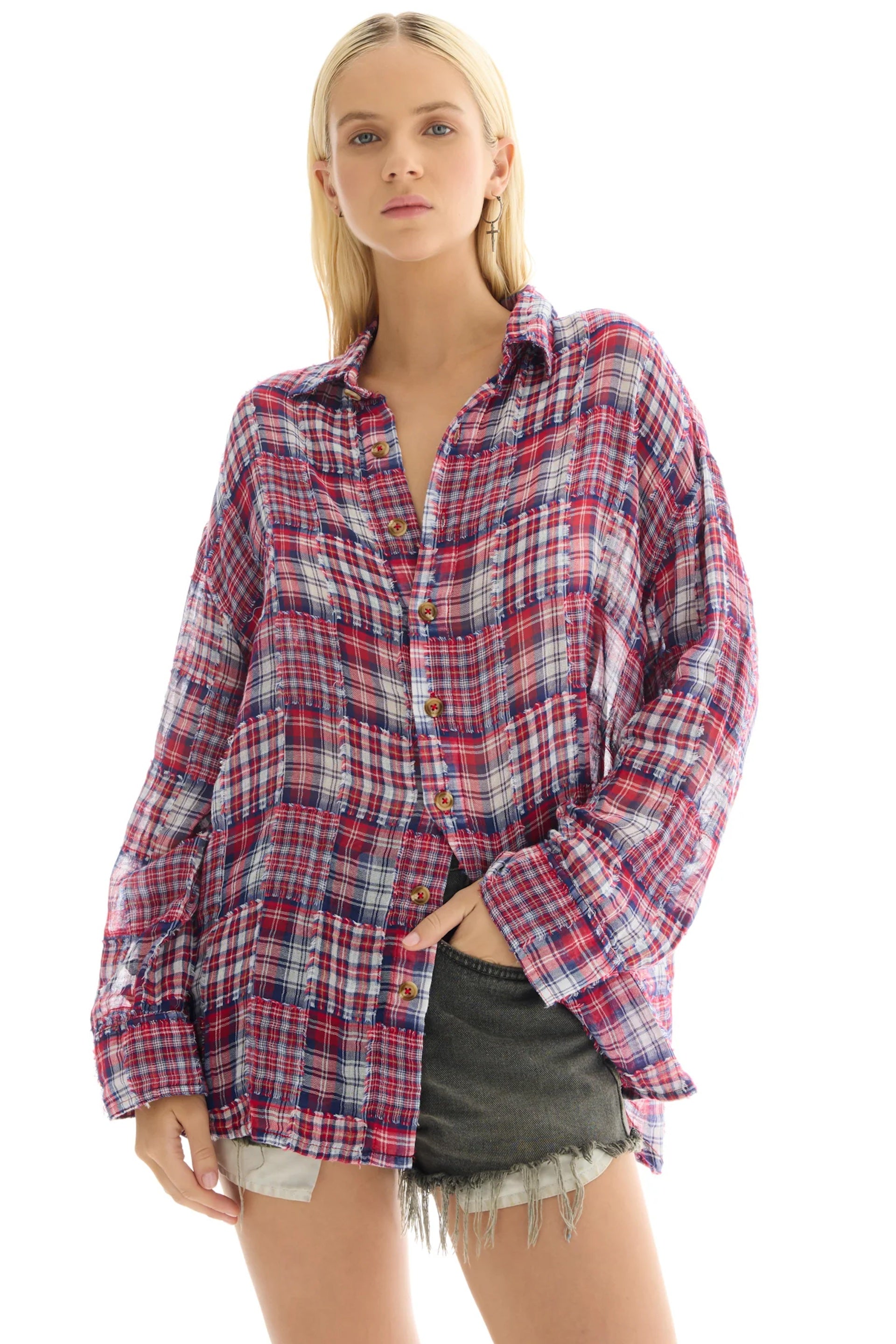 RED FRAYED PATCHWORK CHECK SHIRT