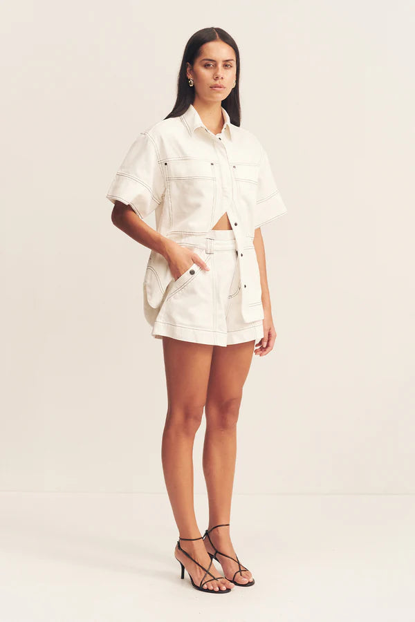 HANA HIGH WAISTED FLARED SHORTS - IVORY