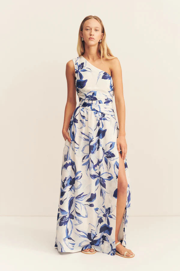 willa asymmetrical gathered maxi dress - bluebell wallpaper