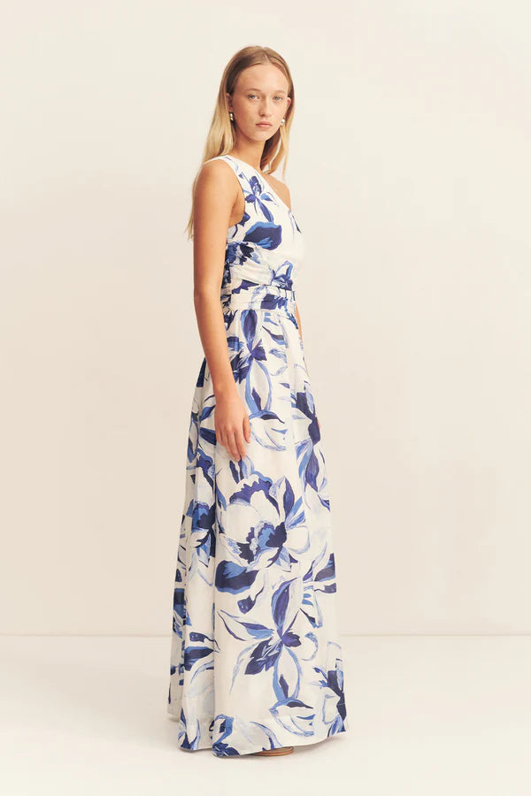 willa asymmetrical gathered maxi dress - bluebell wallpaper