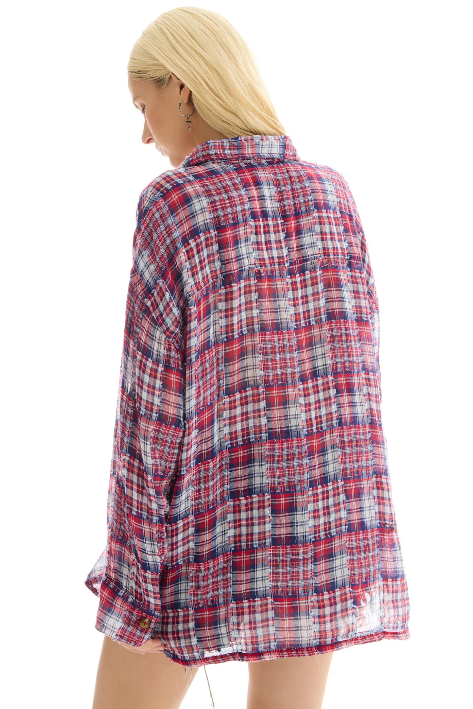 RED FRAYED PATCHWORK CHECK SHIRT