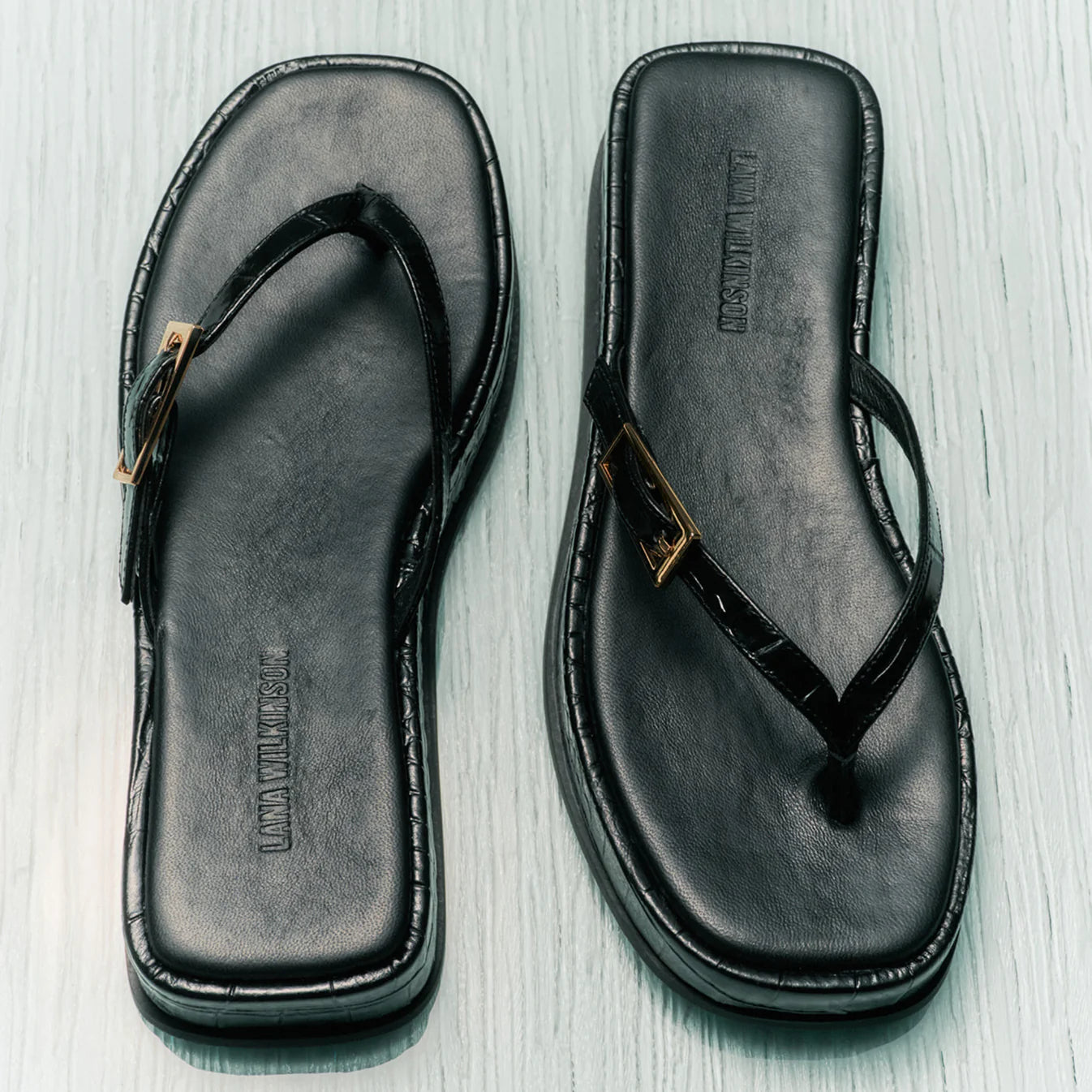 Josie Sandal - Black Croc-Embossed Leather