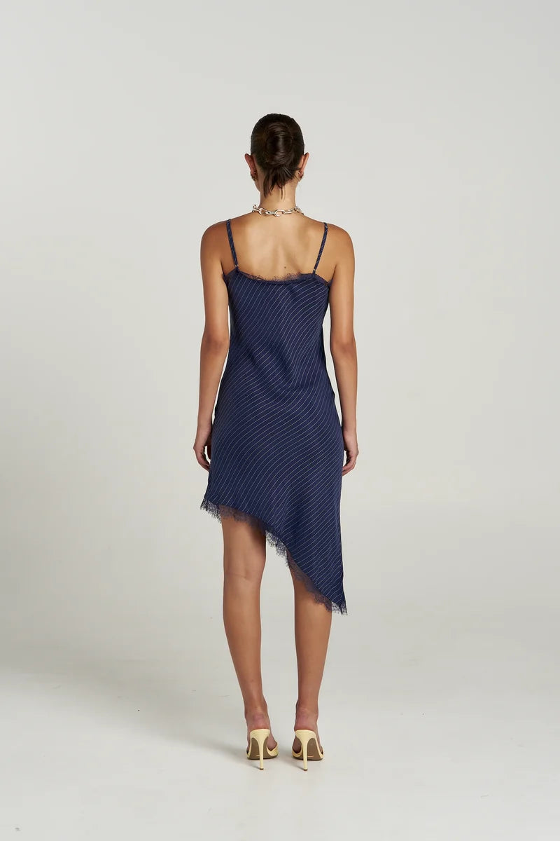 ASYM SIREN DRESS - NAVY PINSTRIPE