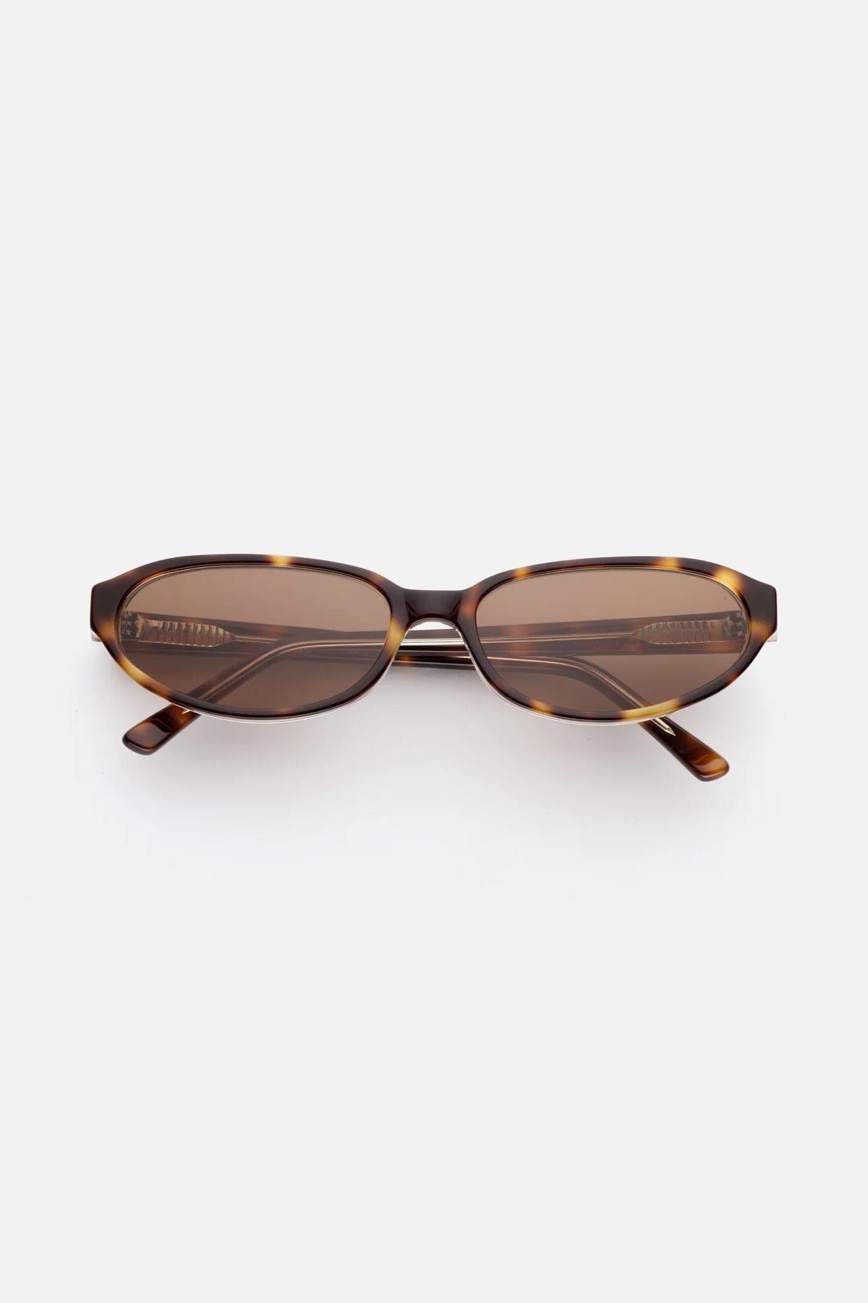 Sunglasses with tortoiseshell frame and brown lenses on a white background