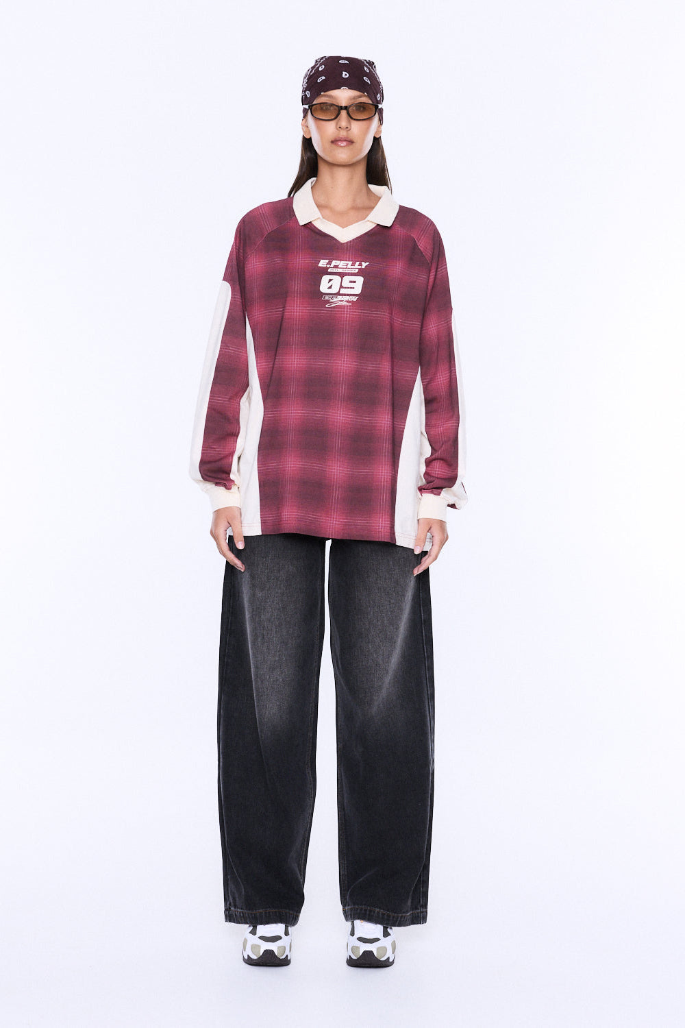 JOSIE LONG SLEEVE POLO - BURGENDY CHECK
