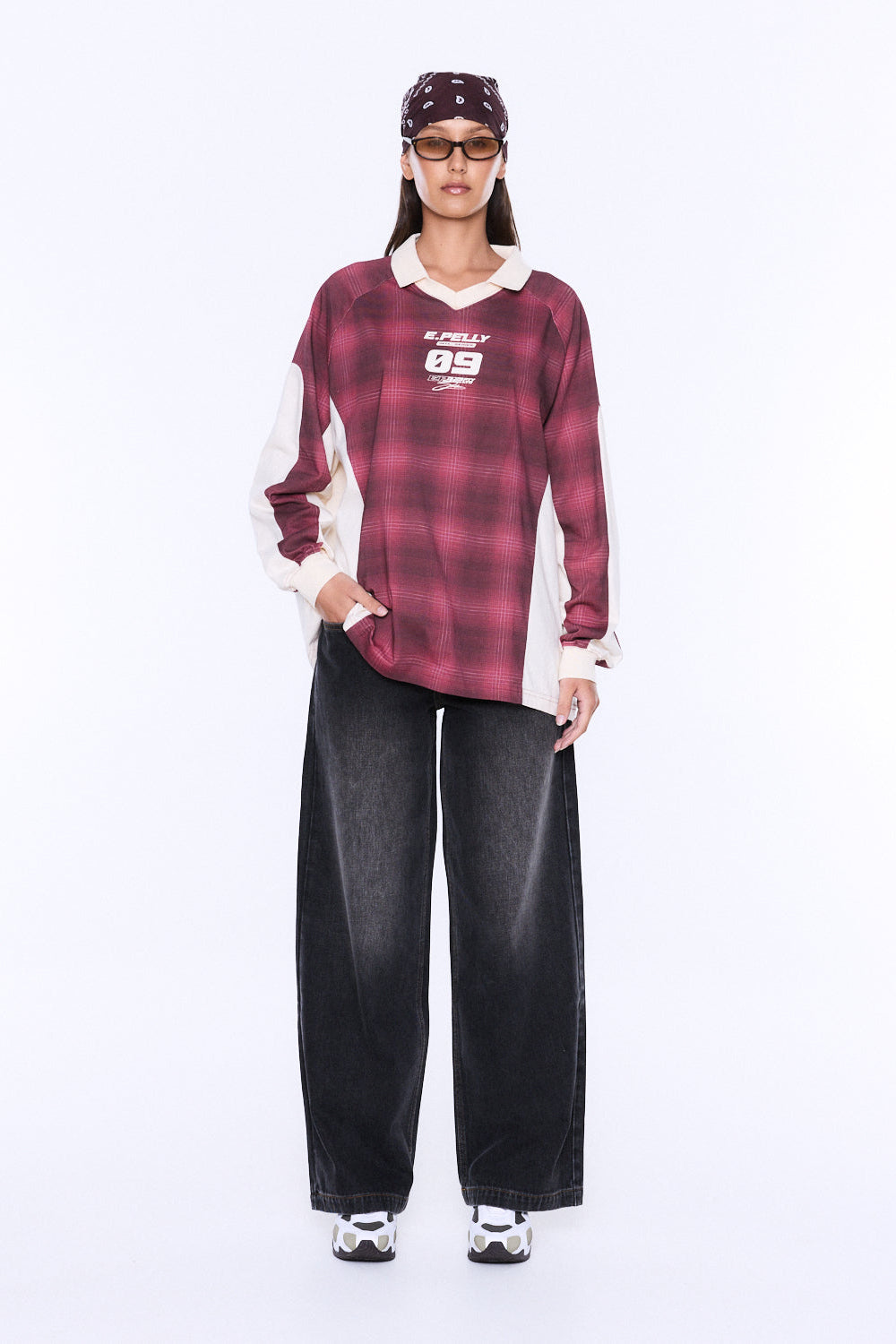 JOSIE LONG SLEEVE POLO - BURGENDY CHECK