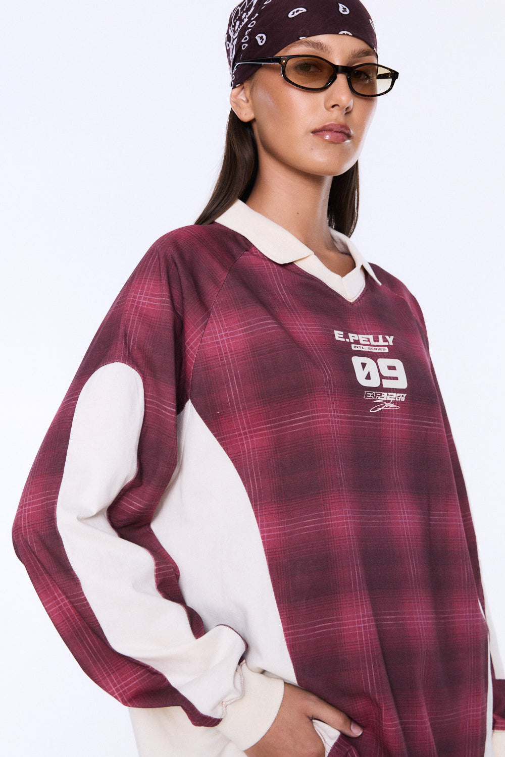 JOSIE LONG SLEEVE POLO - BURGENDY CHECK