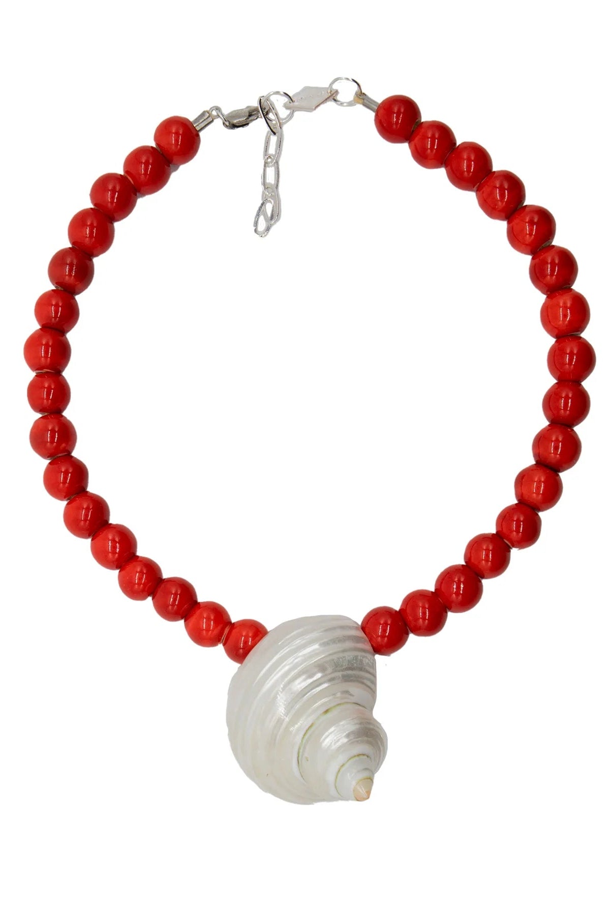 NECKLACE with red beads and a white shell charm on a white background