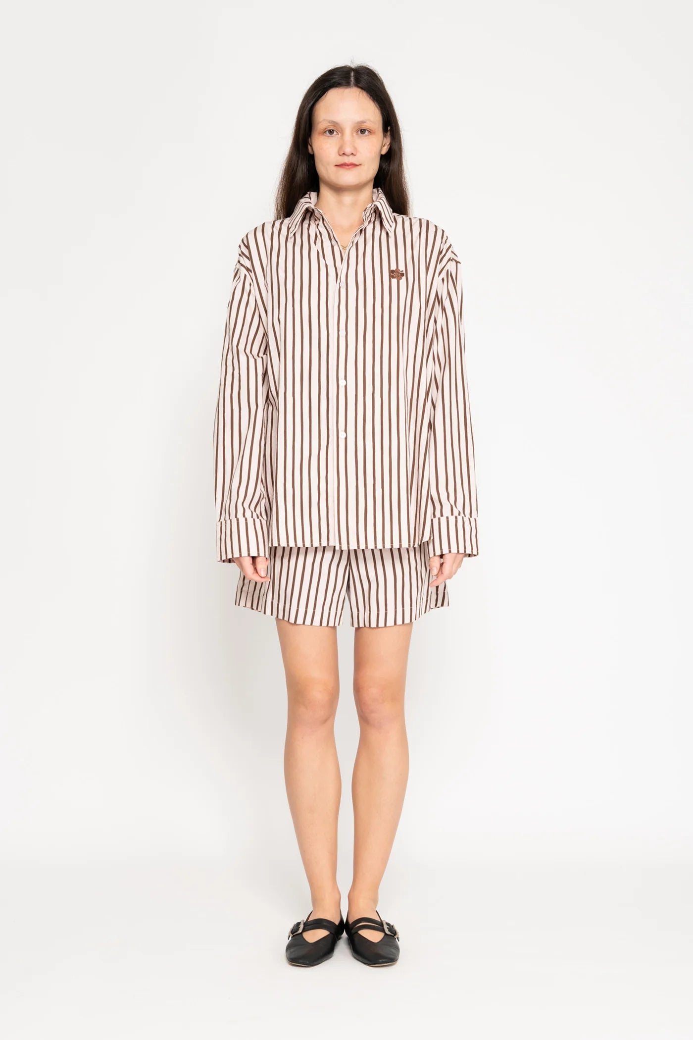 Thin Stripe Button Up Shirt - Pink/Brown