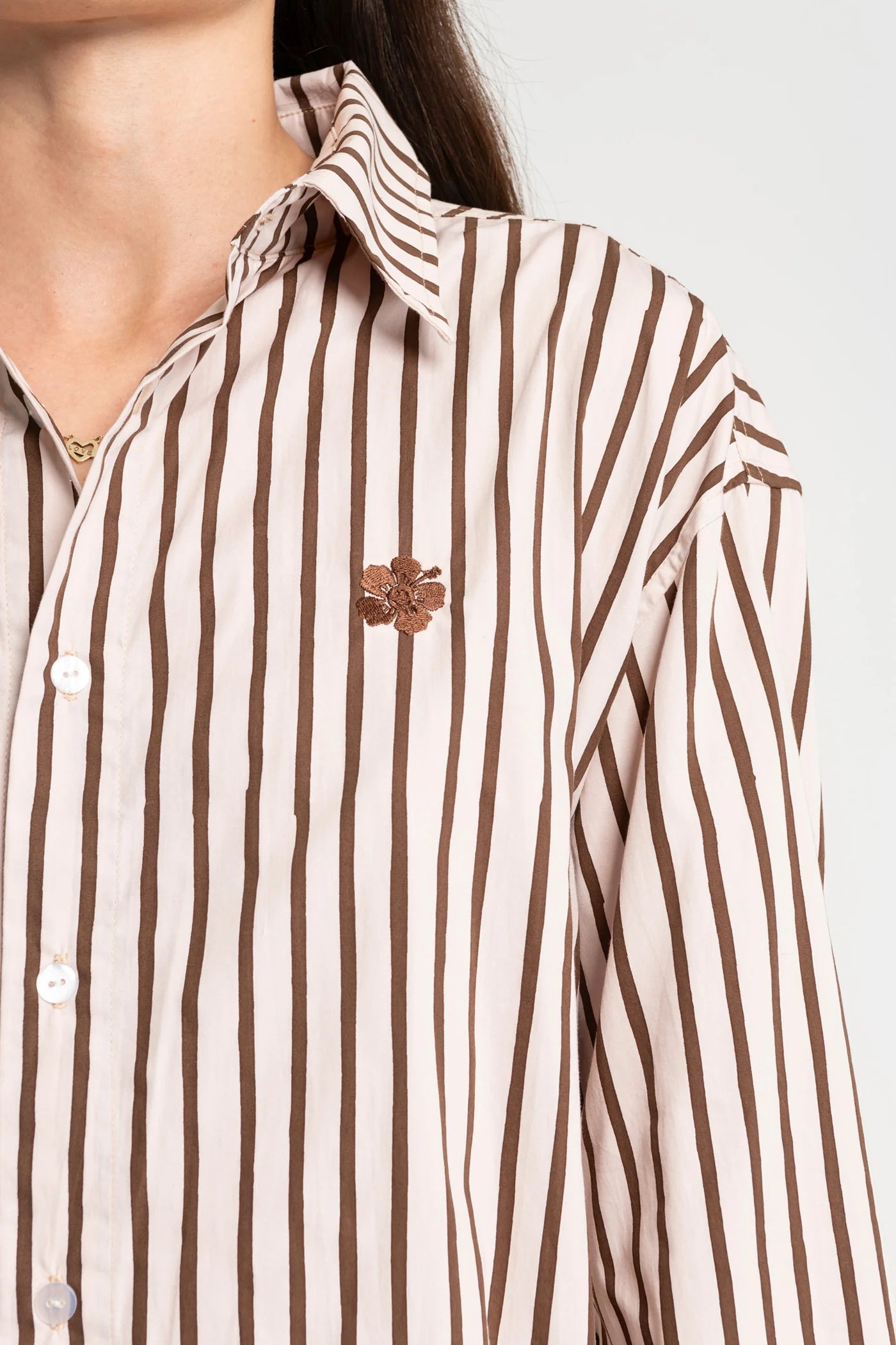 Thin Stripe Button Up Shirt - Pink/Brown