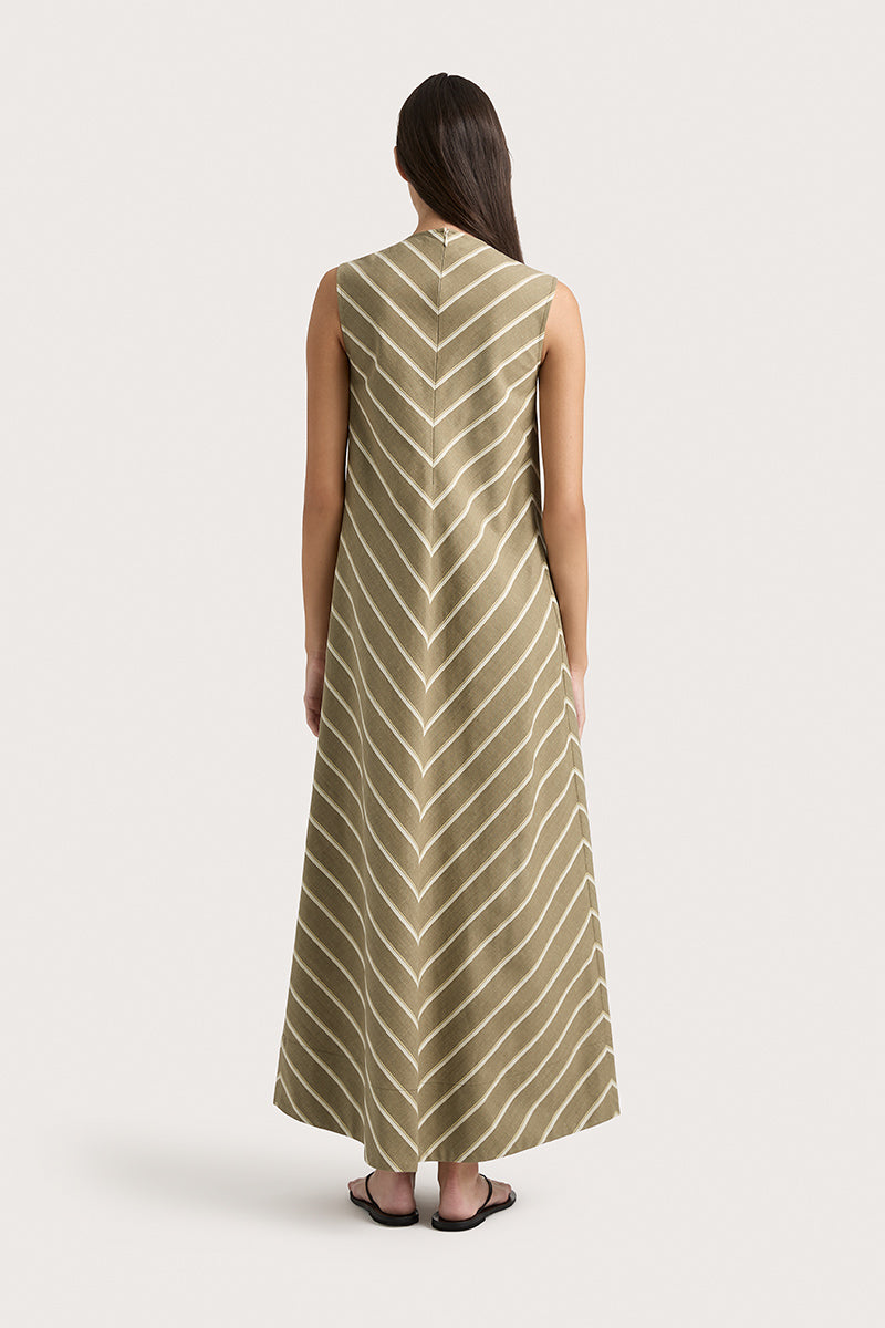 MARTERET STRIPE MIDI DRESS - SHADOW STRIPE KHAKI