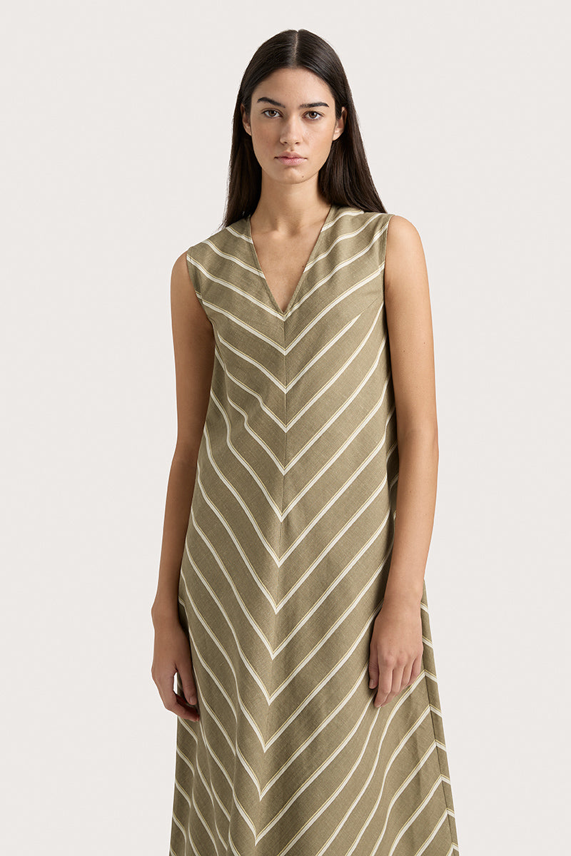 MARTERET STRIPE MIDI DRESS - SHADOW STRIPE KHAKI